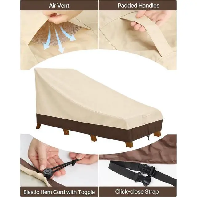 Alt view image 2 of 6 - 2 Pack Outdoor Chaise Lounge Covers, HeavyDuty Oxford Fabric Waterproof UVResistant Beige & Brown Patio Recliner Furniture Protector