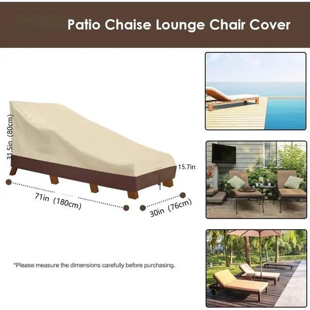 Alt view image 3 of 6 - 2 Pack Outdoor Chaise Lounge Covers, HeavyDuty Oxford Fabric Waterproof UVResistant Beige & Brown Patio Recliner Furniture Protector