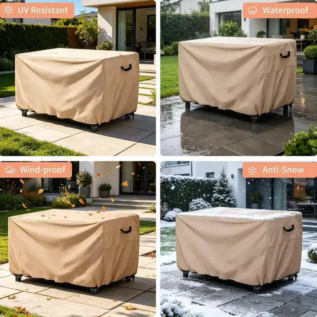 Alt view image 3 of 6 - Square Fire Pit Cover, HeavyDuty Oxford Fabric Waterproof UVResistant Beige Outdoor Gas Fire Table Protector