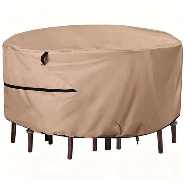 Alt view image 2 of 7 - Round Patio Table Cover, HeavyDuty Oxford Fabric Waterproof UVResistant Khaki Outdoor Round Table Furniture Protector