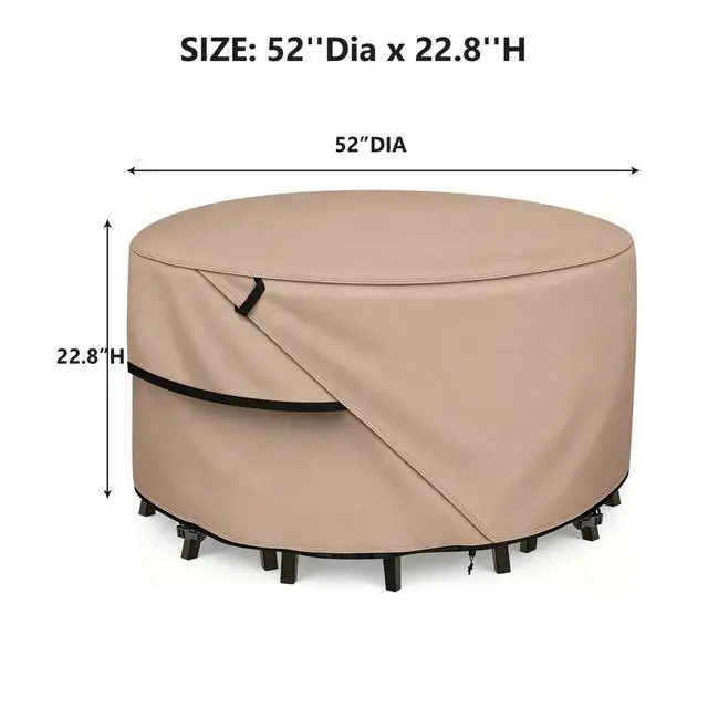 Alt view image 3 of 7 - Round Patio Table Cover, HeavyDuty Oxford Fabric Waterproof UVResistant Khaki Outdoor Round Table Furniture Protector