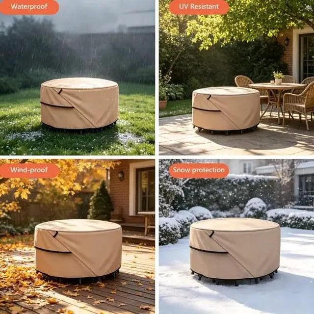 Alt view image 4 of 7 - Round Patio Table Cover, HeavyDuty Oxford Fabric Waterproof UVResistant Khaki Outdoor Round Table Furniture Protector
