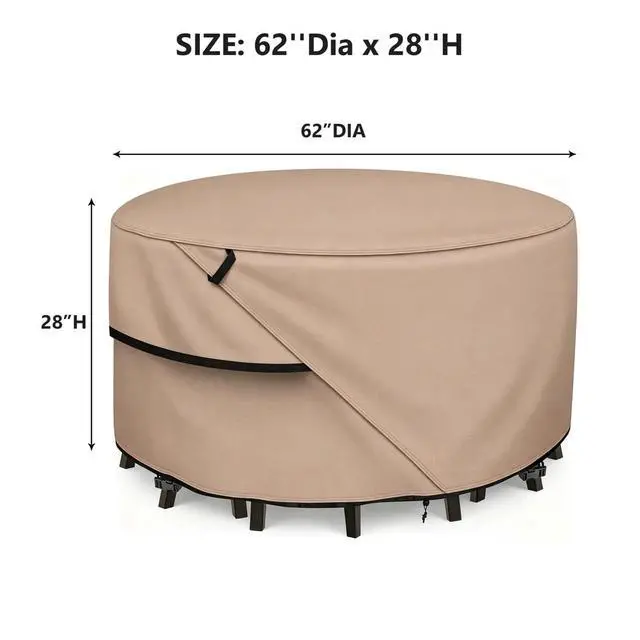 Alt view image 3 of 7 - Round Patio Table Cover, HeavyDuty Oxford Fabric Waterproof UVResistant Khaki Outdoor Round Table Furniture Protector