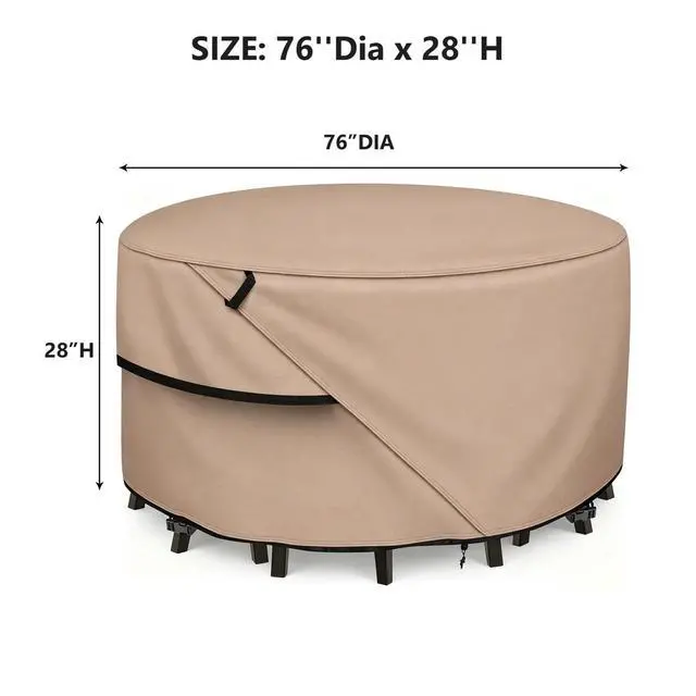 Alt view image 3 of 7 - Round Patio Table Cover, HeavyDuty Oxford Fabric Waterproof UVResistant Khaki Outdoor Round Table Furniture Protector