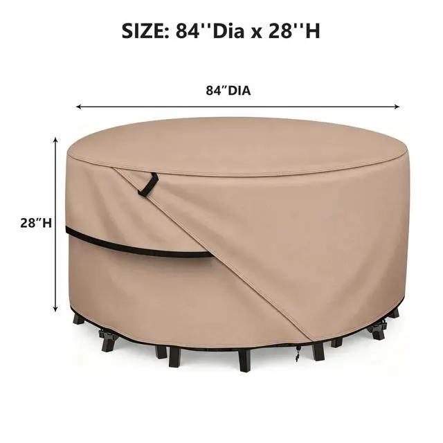 Alt view image 3 of 7 - Round Patio Table Cover, HeavyDuty Oxford Fabric Waterproof UVResistant Khaki Outdoor Round Table Furniture Protector