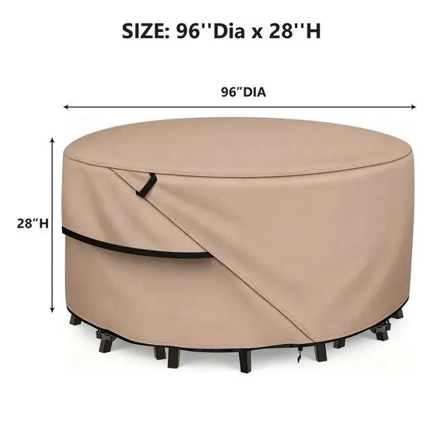 Alt view image 3 of 7 - Round Patio Table Cover, HeavyDuty Oxford Fabric Waterproof UVResistant Khaki Outdoor Round Table Furniture Protector