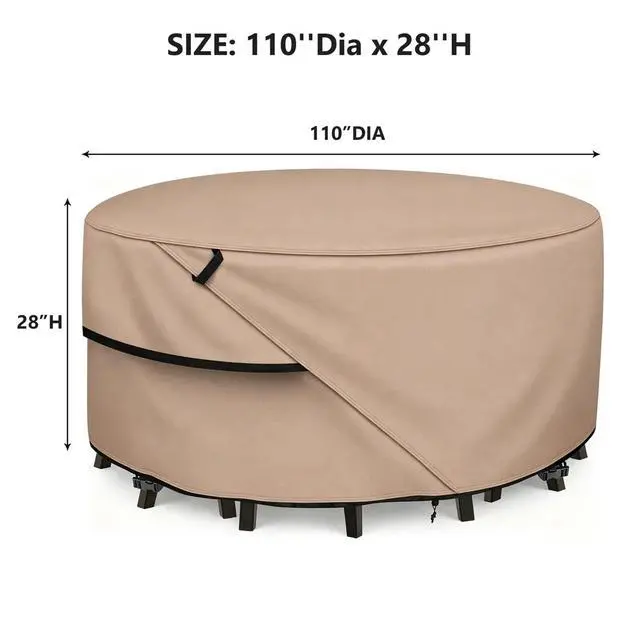 Alt view image 3 of 7 - Round Patio Table Cover, HeavyDuty Oxford Fabric Waterproof UVResistant Khaki Outdoor Round Table Furniture Protector