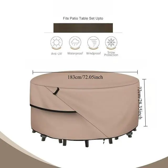 Alt view image 3 of 7 - Round Patio Table Cover, HeavyDuty Oxford Fabric Waterproof UVResistant Khaki Outdoor Round Table Furniture Protector