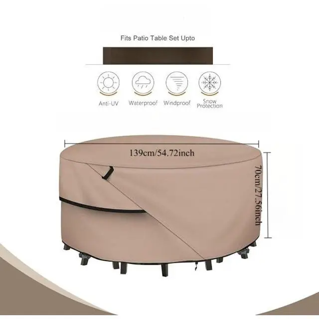 Alt view image 3 of 7 - Round Patio Table Cover, HeavyDuty Oxford Fabric Waterproof UVResistant Khaki Outdoor Round Table Furniture Protector