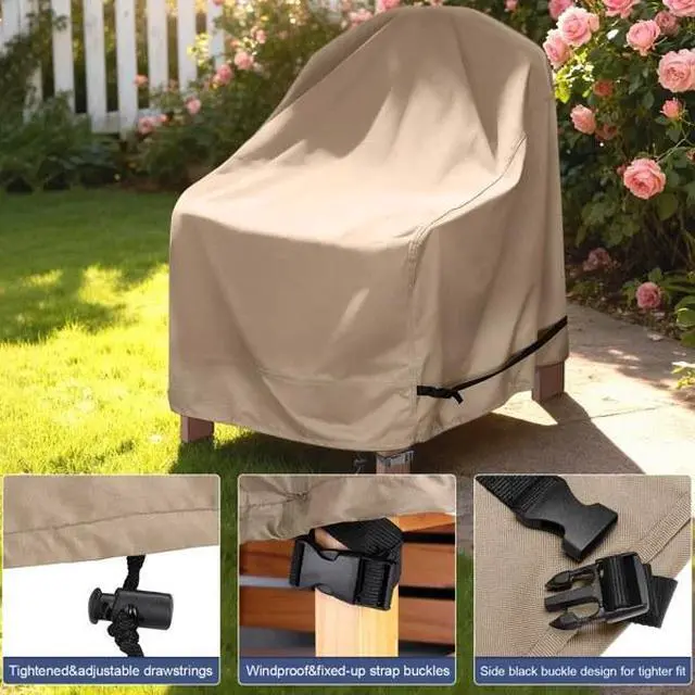 Alt view image 4 of 6 - Round Patio Table Cover, HeavyDuty Oxford Fabric Waterproof UVResistant Khaki Outdoor Round Table Furniture Protector