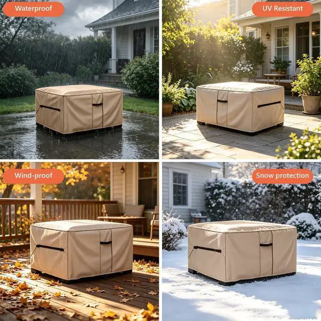 Alt view image 5 of 7 - Khaki Square Outdoor Furniture Cover, AllWeather Windproof Dustproof Backyard Garden Square Table & Chair Set Protective Cover