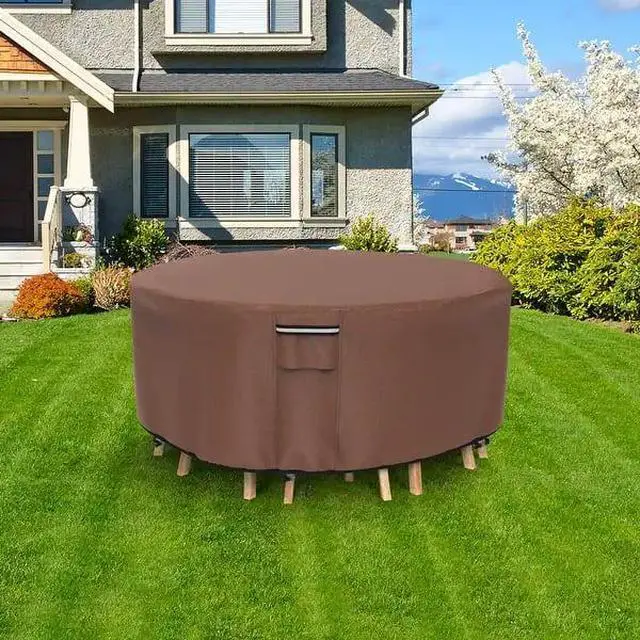 Alt view image 2 of 7 - Round Patio Table Cover, HeavyDuty Oxford Fabric Waterproof UVResistant Brown Outdoor Round Table Chair Set Furniture Protector