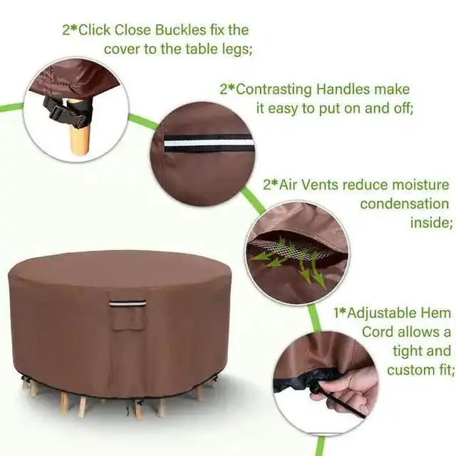 Alt view image 4 of 7 - Round Patio Table Cover, HeavyDuty Oxford Fabric Waterproof UVResistant Brown Outdoor Round Table Chair Set Furniture Protector