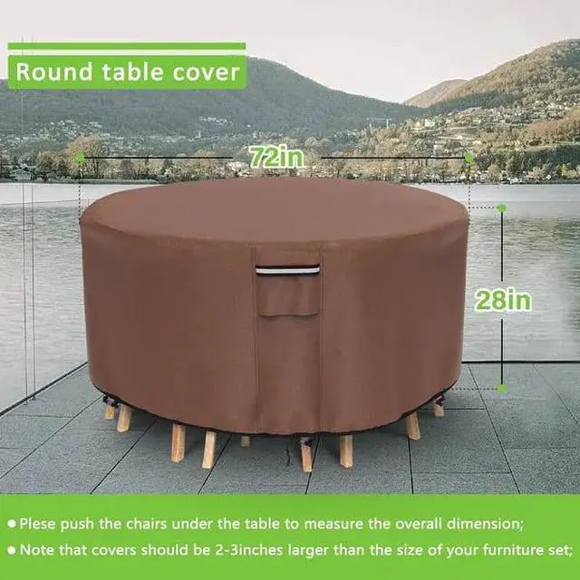 Alt view image 3 of 7 - Round Patio Table Cover, HeavyDuty Oxford Fabric Waterproof UVResistant Brown Outdoor Round Table Chair Set Furniture Protector