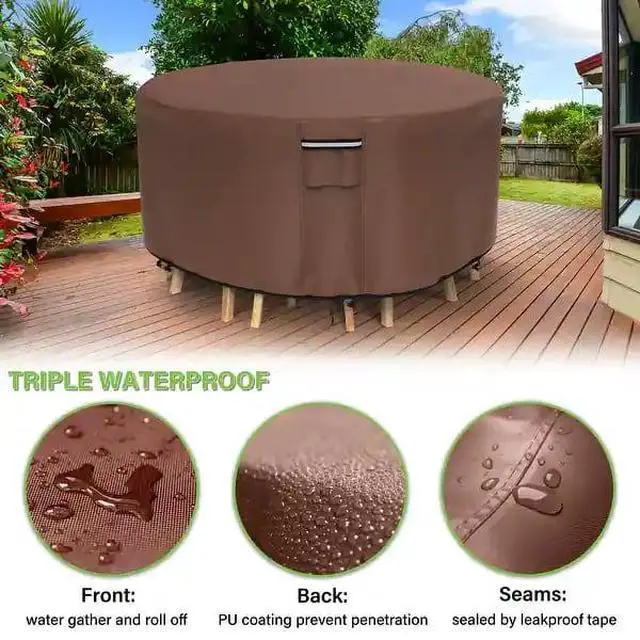 Alt view image 6 of 7 - Round Patio Table Cover, HeavyDuty Oxford Fabric Waterproof UVResistant Brown Outdoor Round Table Chair Set Furniture Protector