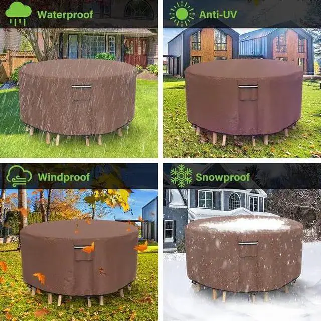 Alt view image 7 of 7 - Round Patio Table Cover, HeavyDuty Oxford Fabric Waterproof UVResistant Brown Outdoor Round Table Chair Set Furniture Protector