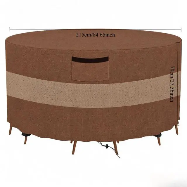 Alt view image 2 of 6 - Round Patio Table Cover, HeavyDuty Oxford Fabric Waterproof UVResistant TwoTone Brown & Khaki Outdoor Round Table Chair Set Protector
