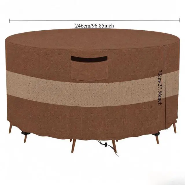 Alt view image 2 of 6 - Round Patio Table Cover, HeavyDuty Oxford Fabric Waterproof UVResistant TwoTone Brown & Khaki Outdoor Round Table Chair Set Protector