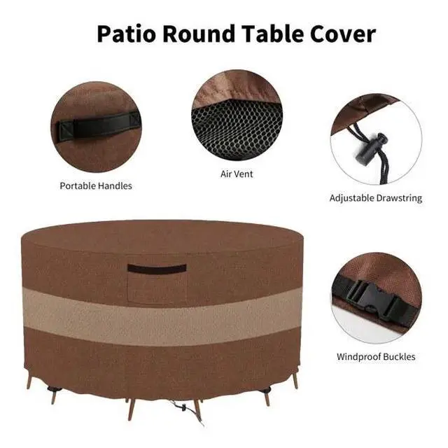 Alt view image 3 of 6 - Round Patio Table Cover, HeavyDuty Oxford Fabric Waterproof UVResistant TwoTone Brown & Khaki Outdoor Round Table Chair Set Protector