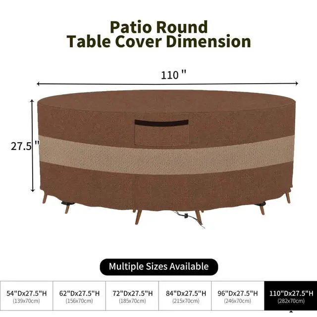 Alt view image 2 of 6 - Round Patio Table Cover, HeavyDuty Oxford Fabric Waterproof UVResistant TwoTone Brown & Khaki Outdoor Round Table Chair Set Protector