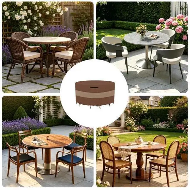 Alt view image 4 of 6 - Round Patio Table Cover, HeavyDuty Oxford Fabric Waterproof UVResistant TwoTone Brown & Khaki Outdoor Round Table Chair Set Protector
