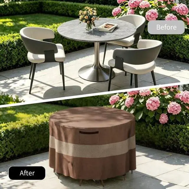 Alt view image 5 of 6 - Round Patio Table Cover, HeavyDuty Oxford Fabric Waterproof UVResistant TwoTone Brown & Khaki Outdoor Round Table Chair Set Protector