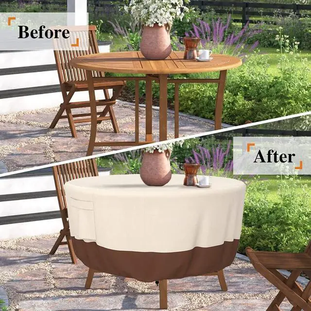 Alt view image 2 of 6 - TwoTone Round Outdoor Table Cover, AllWeather Windproof Dustproof Backyard Garden Round Dining Table Furniture Protective Cover