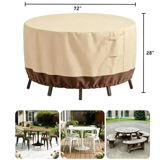 Alt view image 2 of 7 - Round Patio Table Cover, HeavyDuty Oxford Fabric Waterproof UVResistant Beige & Brown Outdoor Round Table Chair Set Protector