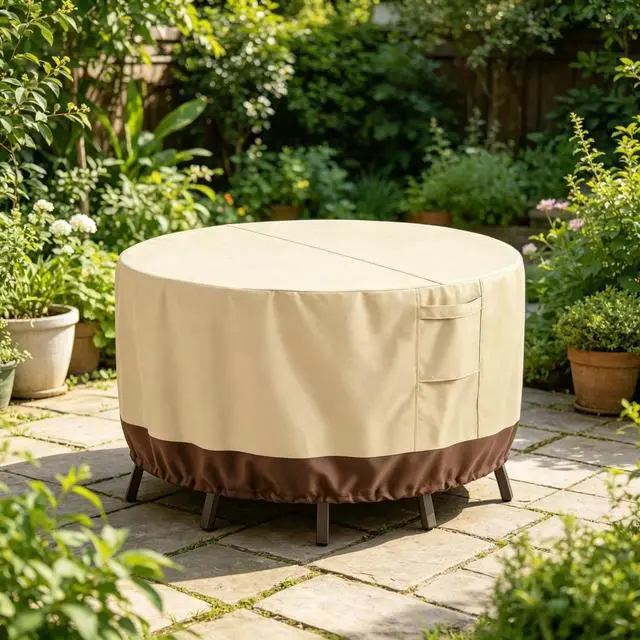 Alt view image 3 of 7 - Round Patio Table Cover, HeavyDuty Oxford Fabric Waterproof UVResistant Beige & Brown Outdoor Round Table Chair Set Protector