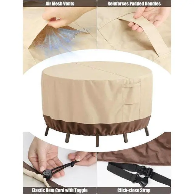 Alt view image 6 of 7 - Round Patio Table Cover, HeavyDuty Oxford Fabric Waterproof UVResistant Beige & Brown Outdoor Round Table Chair Set Protector