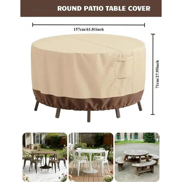 Alt view image 2 of 7 - Round Patio Table Cover, HeavyDuty Oxford Fabric Waterproof UVResistant Beige & Brown Outdoor Round Table Chair Set Protector