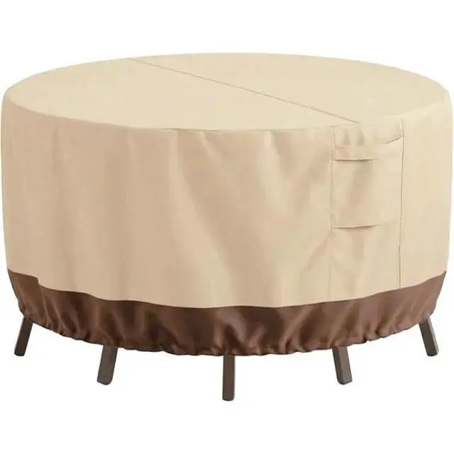 Alt view image 4 of 7 - Round Patio Table Cover, HeavyDuty Oxford Fabric Waterproof UVResistant Beige & Brown Outdoor Round Table Chair Set Protector