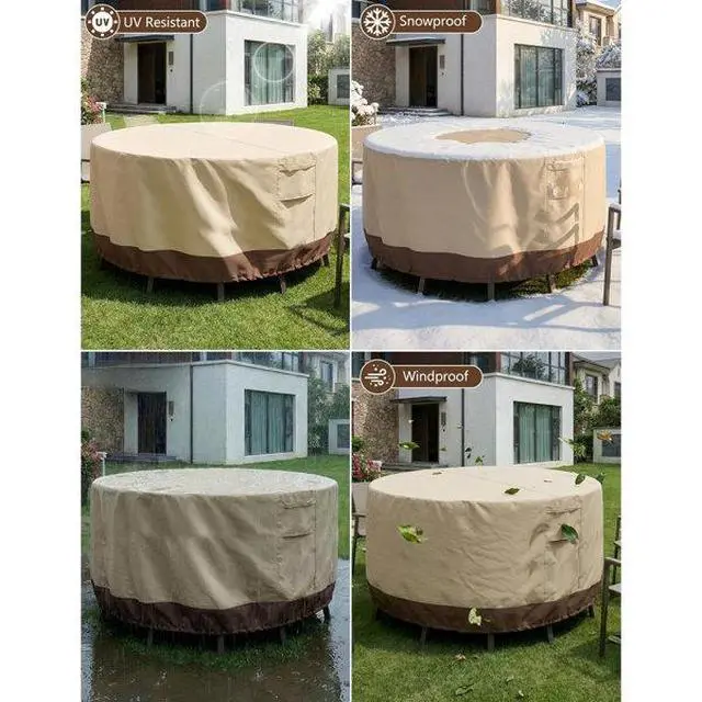 Alt view image 7 of 7 - Round Patio Table Cover, HeavyDuty Oxford Fabric Waterproof UVResistant Beige & Brown Outdoor Round Table Chair Set Protector