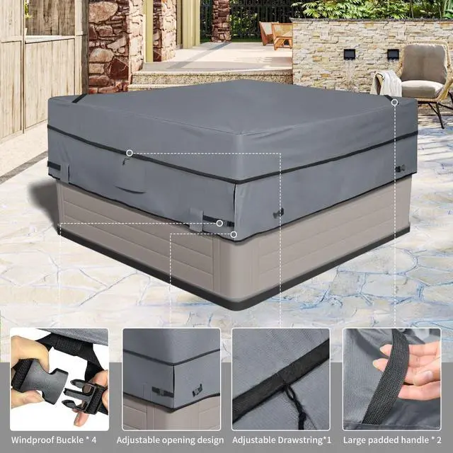 Alt view image 4 of 6 - Waterproof Square Hot Tub Spa Cover, HeavyDuty Oxford Outdoor Hot Tub Protective Cover, AntiUV Weather Resistant with Secure Buckles & Zipper Closure