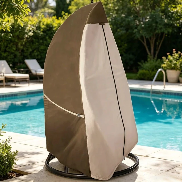 Alt view image 3 of 6 - Beige & Brown TwoTone Egg Chair Cover, Waterproof UVResistant Oxford Protector for Outdoor Hanging Egg Swing Chair