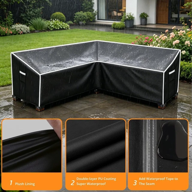 Alt view image 5 of 6 - Black VShape LShaped Patio Sofa Cover, AluminumFilm Composite Oxford Cloth Protector for Outdoor Corner Sectional Sofa, Waterproof UVResistant