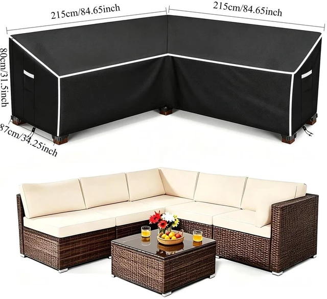 Alt view image 3 of 6 - Black VShape LShaped Patio Sofa Cover, AluminumFilm Composite Oxford Cloth Protector for Outdoor Corner Sectional Sofa, Waterproof UVResistant