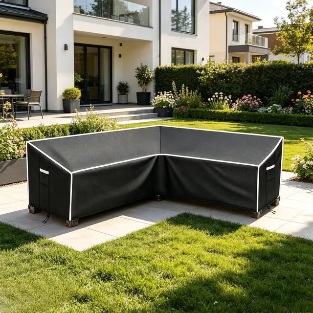 Alt view image 2 of 6 - Black VShape LShaped Patio Sofa Cover, AluminumFilm Composite Oxford Cloth Protector for Outdoor Corner Sectional Sofa, Waterproof UVResistant