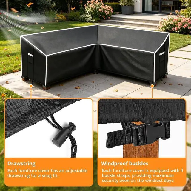 Alt view image 4 of 6 - Black VShape LShaped Patio Sofa Cover, AluminumFilm Composite Oxford Cloth Protector for Outdoor Corner Sectional Sofa, Waterproof UVResistant