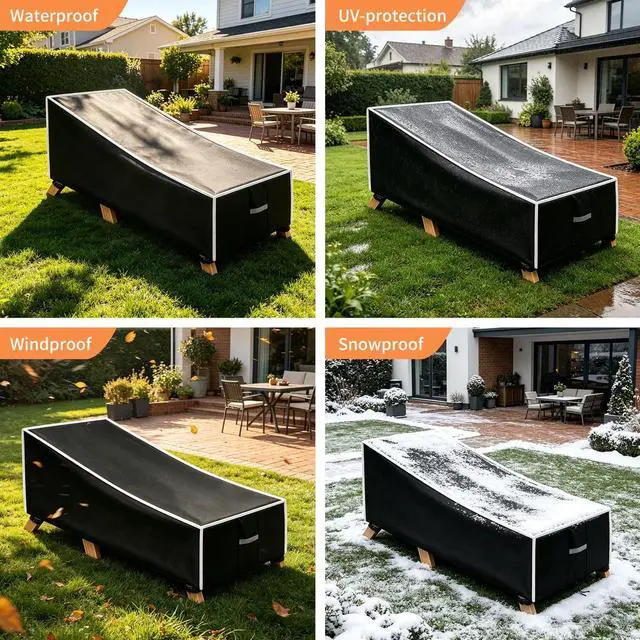 Alt view image 3 of 5 - Black Patio Chaise Lounge Cover with White Trim, Waterproof UVResistant Oxford Cloth Protector for Outdoor Reclining Chaise Lounge Chair