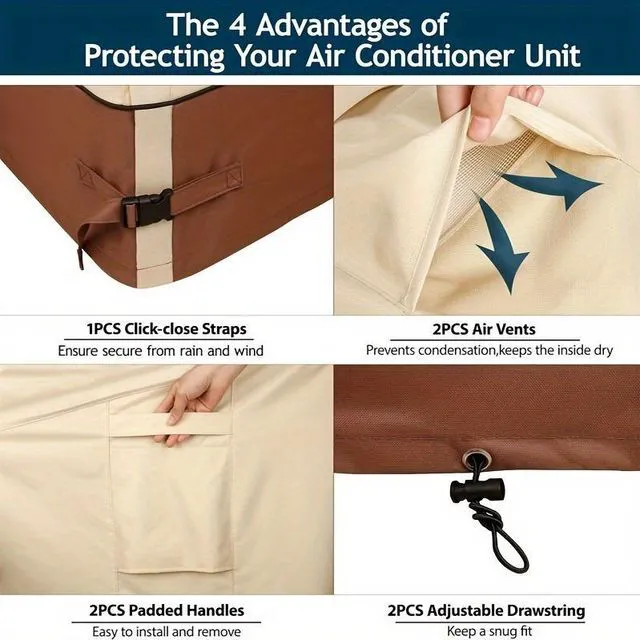 Alt view image 6 of 7 - Beige & Brown TwoTone AC Condenser Cover, Waterproof UVResistant Oxford Cloth Protector for Square Outdoor Air Conditioner Unit
