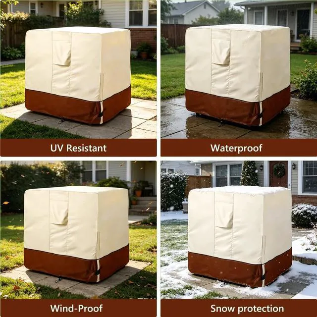 Alt view image 4 of 7 - Beige & Brown TwoTone AC Condenser Cover, Waterproof UVResistant Oxford Cloth Protector for Square Outdoor Air Conditioner Unit