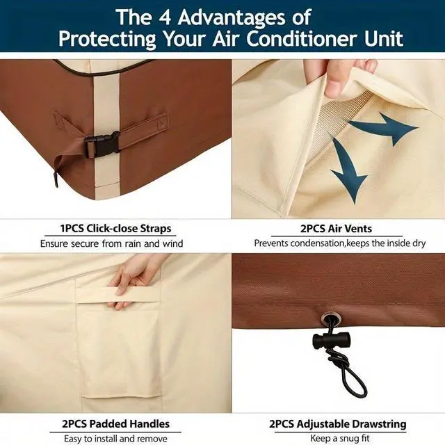 Alt view image 6 of 7 - Beige & Brown TwoTone AC Condenser Cover, Waterproof UVResistant Oxford Cloth Protector for Square Outdoor Air Conditioner Unit