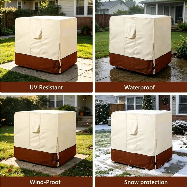 Alt view image 4 of 7 - Beige & Brown TwoTone AC Condenser Cover, Waterproof UVResistant Oxford Cloth Protector for Square Outdoor Air Conditioner Unit