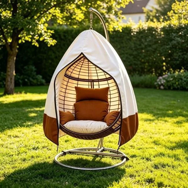 Alt view image 4 of 5 - Beige Brown Hanging Egg Chair Cover, Waterproof UVResistant Oxford Cloth Protector for Outdoor Wicker Swing Egg Basket Chair with Stand