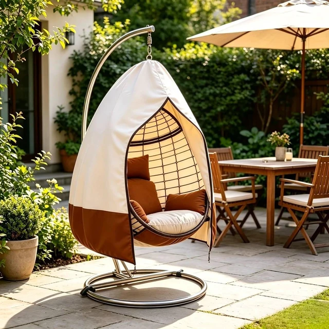 Alt view image 2 of 5 - Beige Brown Hanging Egg Chair Cover, Waterproof UVResistant Oxford Cloth Protector for Outdoor Wicker Swing Egg Basket Chair with Stand