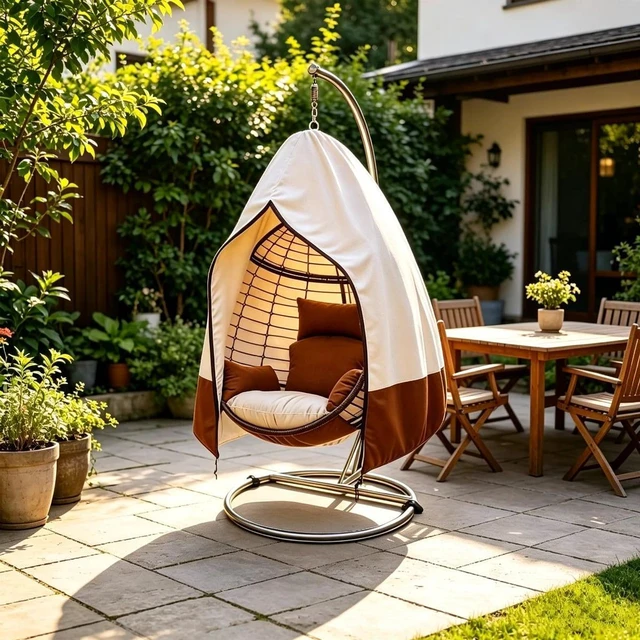 Alt view image 3 of 5 - Beige Brown Hanging Egg Chair Cover, Waterproof UVResistant Oxford Cloth Protector for Outdoor Wicker Swing Egg Basket Chair with Stand