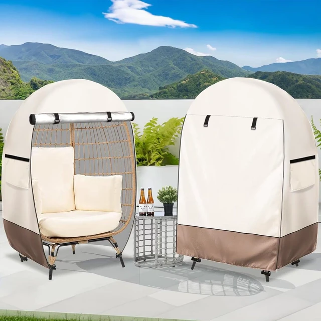 Alt view image 2 of 5 - Beige Brown Egg Chair Cover, Waterproof UVResistant Oxford Cloth Protector for Outdoor Wicker Egg Basket Chair