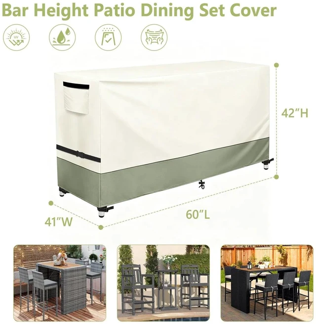 Alt view image 2 of 5 - Beige & Sage Green TwoTone Patio Bar Table Cover, Waterproof UVResistant Oxford Cloth Protector for Outdoor Rectangular Bar Height Table Set
