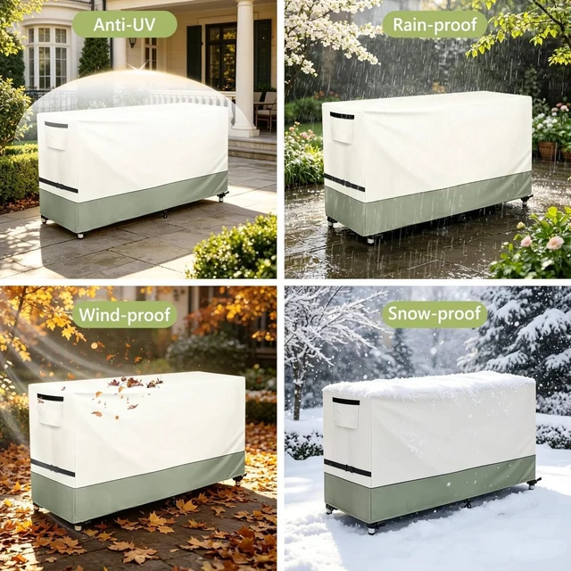 Alt view image 5 of 5 - Beige & Sage Green TwoTone Patio Bar Table Cover, Waterproof UVResistant Oxford Cloth Protector for Outdoor Rectangular Bar Height Table Set